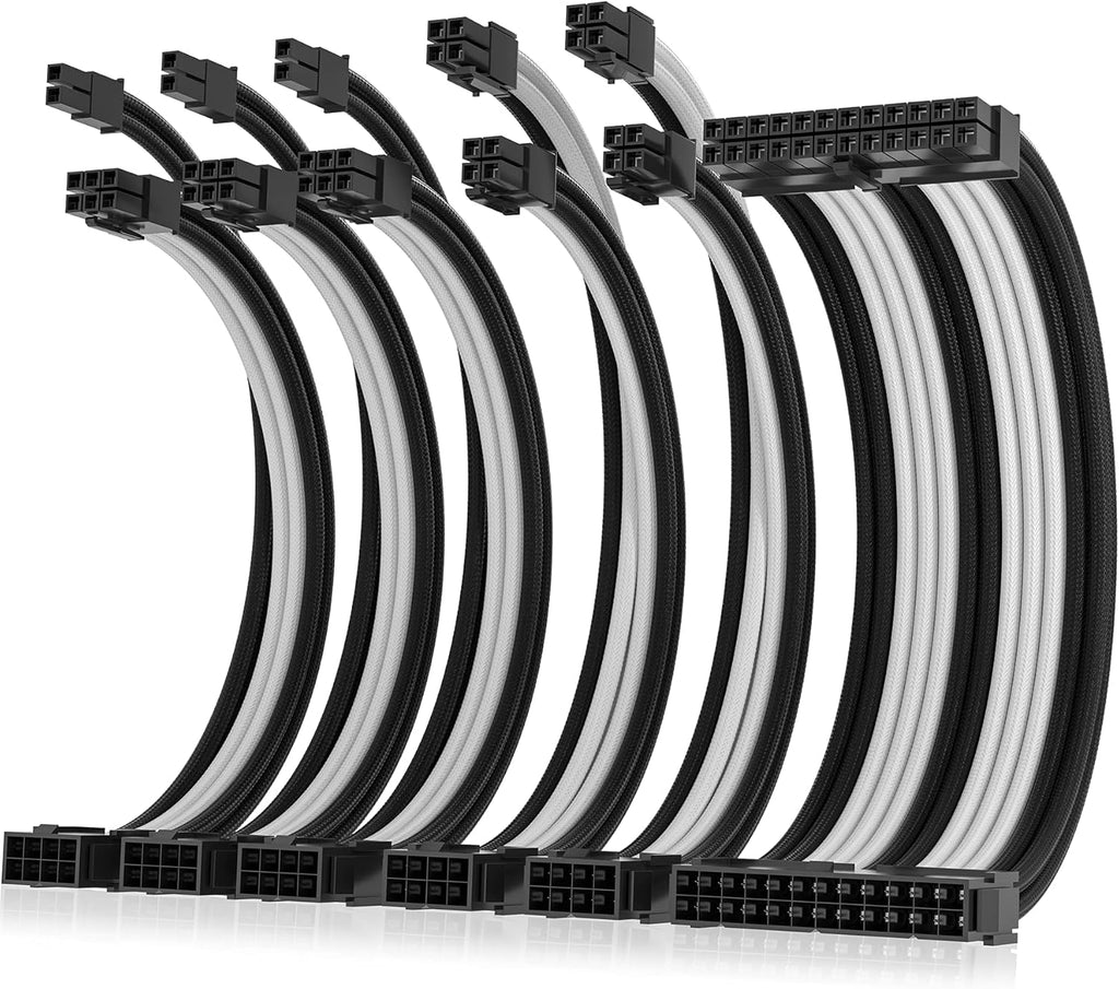 Asiahorse Power Supply Sleeved Cable, 16AWG PSU Cables Internal Power Supplies Extension Cables 1X24Pin/2X4+4 Eps/3X6+2 PCI-E, 30Cm Length with Comb (Dual EPS Black White)