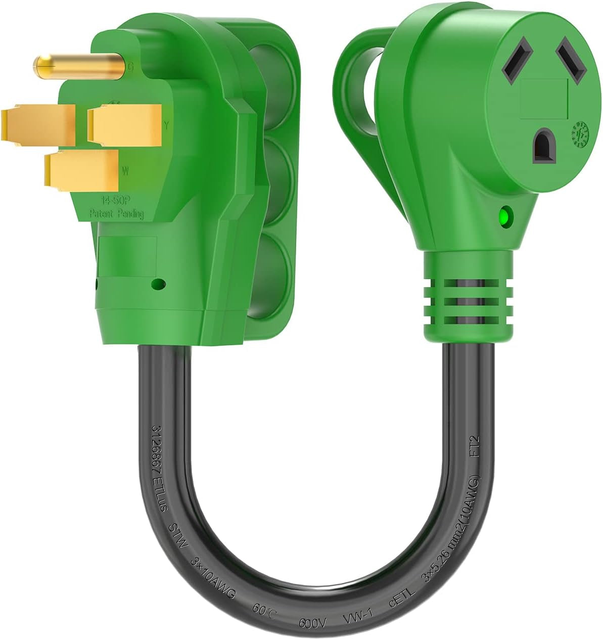 RVGUARD 50 Amp to 30 Amp RV Adapter Cord 12 Inch, NEMA 14-50P to NEMA TT-30R, Dogbone Electrical Converter with LED Power Indicator and Disconnect Handle, Green, ETL Listed