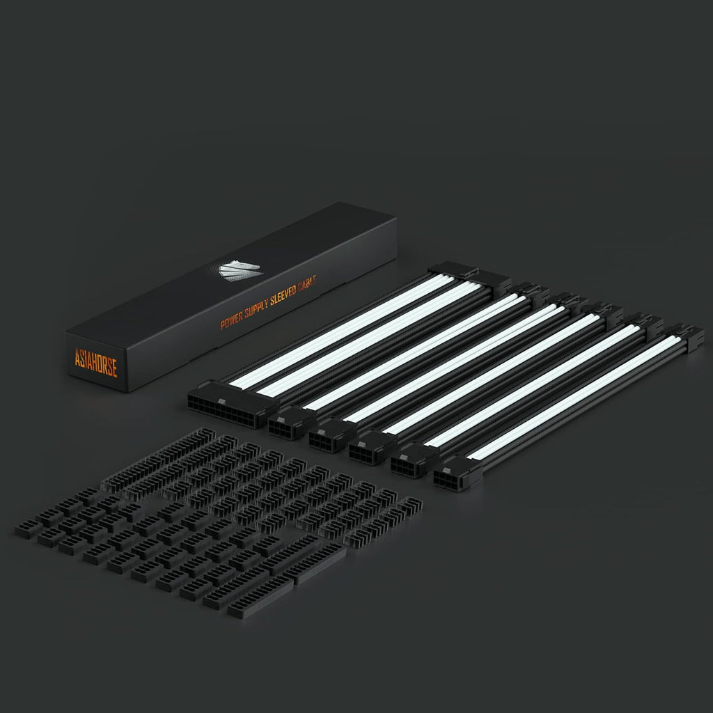 Asiahorse Power Supply Sleeved Cable, 16AWG PSU Cables Internal Power Supplies Extension Cables 1X24Pin/2X4+4 Eps/3X6+2 PCI-E, 30Cm Length with Comb (Dual EPS Black White)