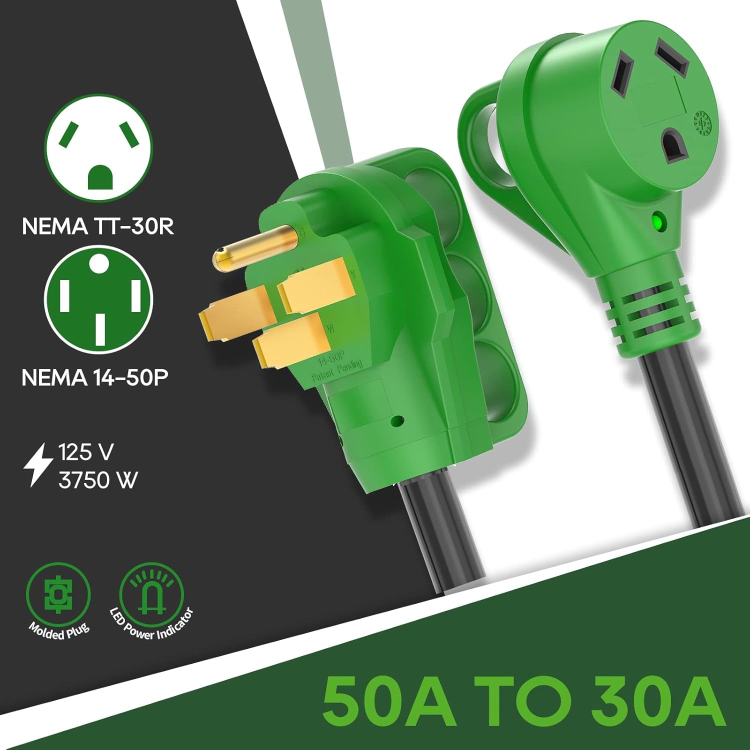 RVGUARD 50 Amp to 30 Amp RV Adapter Cord 12 Inch, NEMA 14-50P to NEMA TT-30R, Dogbone Electrical Converter with LED Power Indicator and Disconnect Handle, Green, ETL Listed