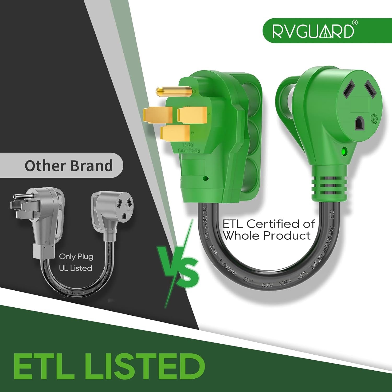 RVGUARD 50 Amp to 30 Amp RV Adapter Cord 12 Inch, NEMA 14-50P to NEMA TT-30R, Dogbone Electrical Converter with LED Power Indicator and Disconnect Handle, Green, ETL Listed